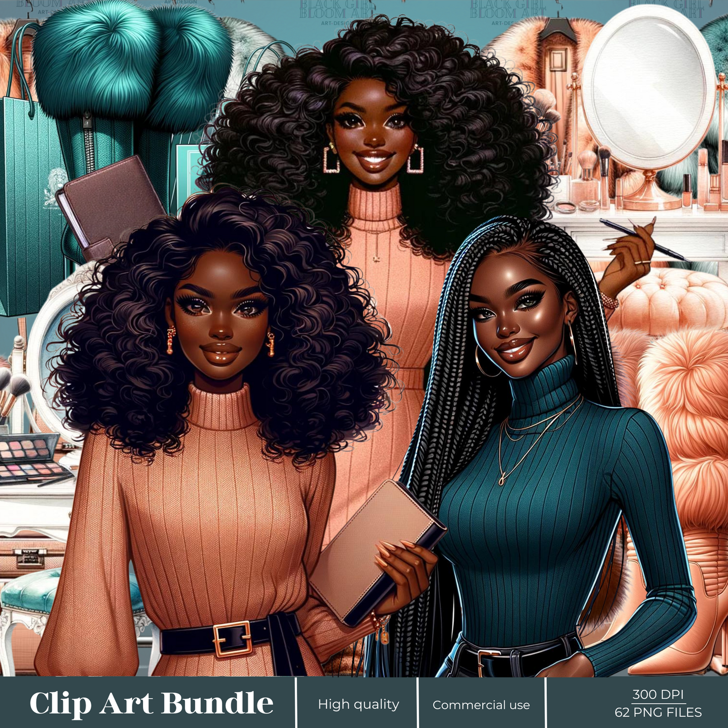 Winter Fashion Girl Clipart, Fashion Design, Black Woman Clip Art, Fashion Digital Download Stickers, Black Queen, Classy Stylish Clip Art