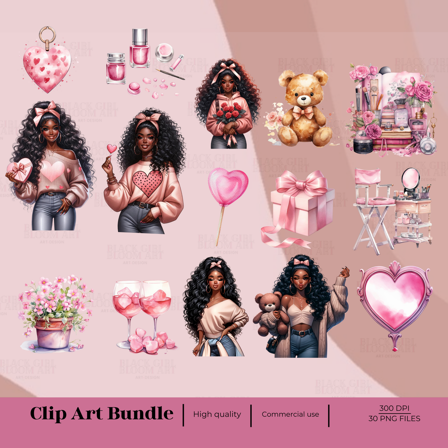 Valentines Day Clip Art, Black Woman Clipart, Valentine's Day Watercolor, Self Love Clipart,Love Clipart,Black Girl Clipart,African American