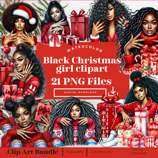 Black Christmas girl clipart, Watercolor Christmas Clipart, Red Christmas, Christmas black girl png,Christmas bundle, Red Holiday clipart