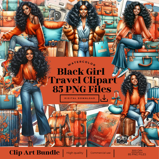 Black Girl Travel Clip art, Planner Stickers, Adventure Clip art, Traveling Clip art, Holiday Clip art, Watercolor Clip Art, Fashion ClipArt