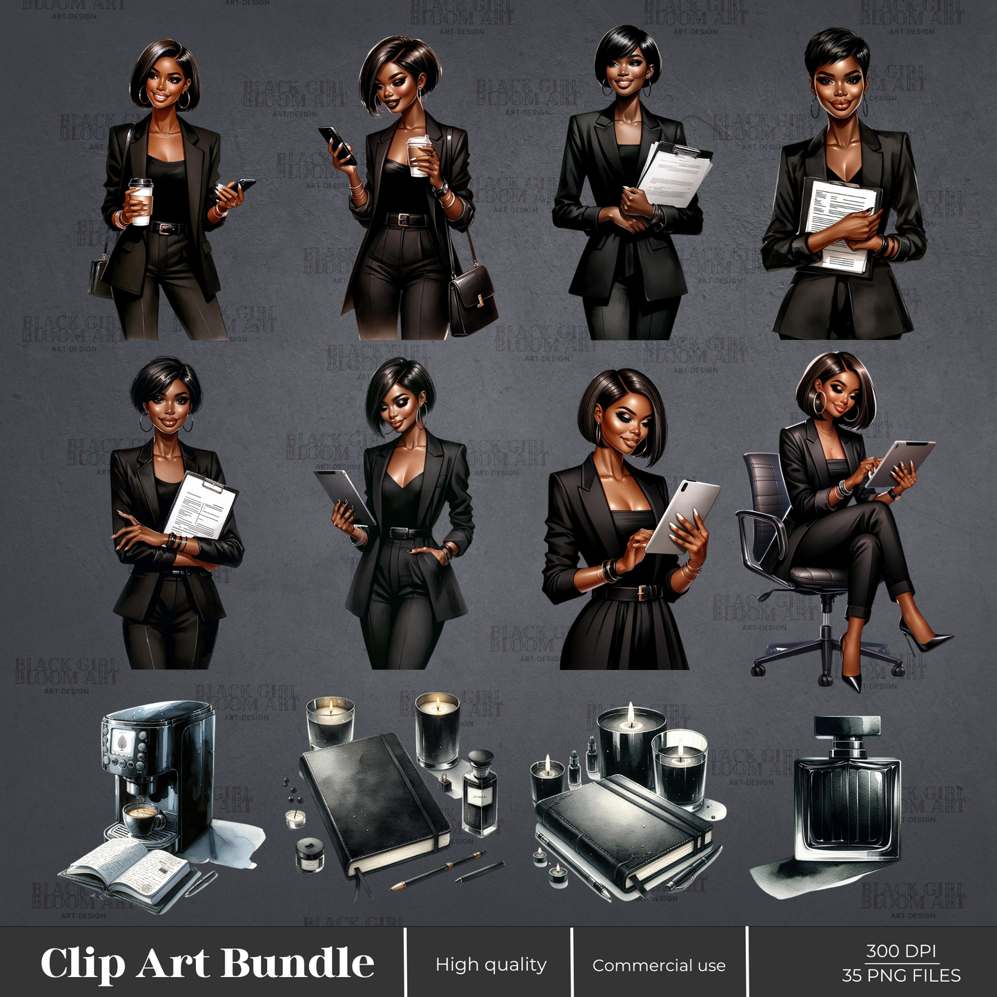 Black Women Clipart, Planner Girl Clipart, Office Girl Clipart, Black Women Lady Boss Clipart, Black Girl Clipart,Business Girl Illustration