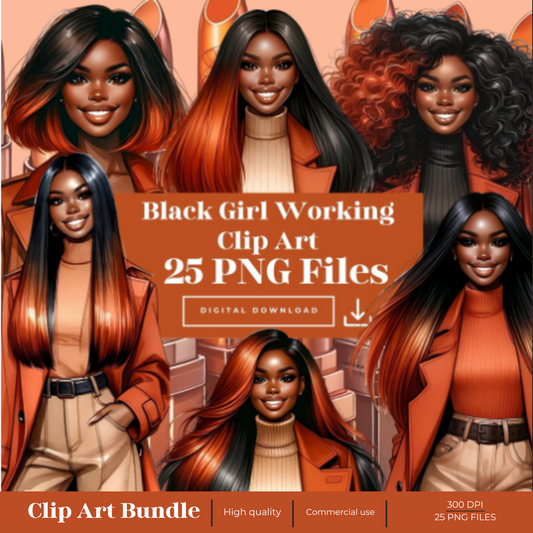 Black Girl Boss Clipart, Black Working Girl Woman Clipart, Black Luxury Woman Clipart , Office Girl Clipart , Lady Boss Clipart